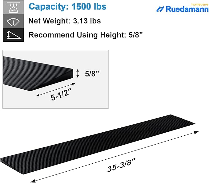 Ruedamann 0.6" Rise Threshold Ramp for Doorways, Sturdy Rubber Threshold Ramp, Non-Slip Power Door Ramps for Wheelchairs is Adjustable and Cuttable for Doorways, Curb, Scooters, Driveways