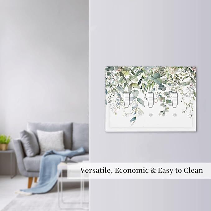 Sage Green Watercolor Eucalyptus Leaves Floral Flowers Decorative Switch Plates 3 Gang Wall Plate Triple Toggle Light Switch Cover Faceplate Electrical Wall Panels for Farmhouse Bed Room Decor