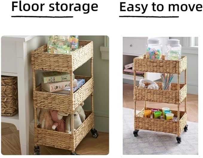 Wicker 3 Tier Rolling Cart, Storage Cart with Wheels, Basket Stand for Snack, Bathroom Carts, Lightweight Utility Carts for Kitchen, Living Room