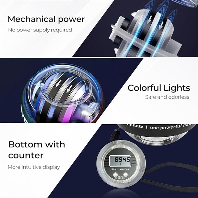 Wrist Ball Hand Exerciser, Auto-Start Torque Ball with LCD Counter, Ball Wrist & Forearm Strengthener, Adjustable Resistance Grip Trainer with LED Lights