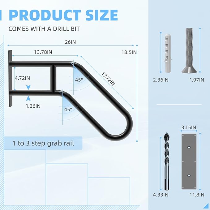 Handrails for Outdoor Steps Wall Mount, Railings for 1-3 Steps, U-Shaped Handrail with Matte Black Finished, Stair Handrails for Kids, Elderly, Pregnant Women, Disabled (26" Length, Black)