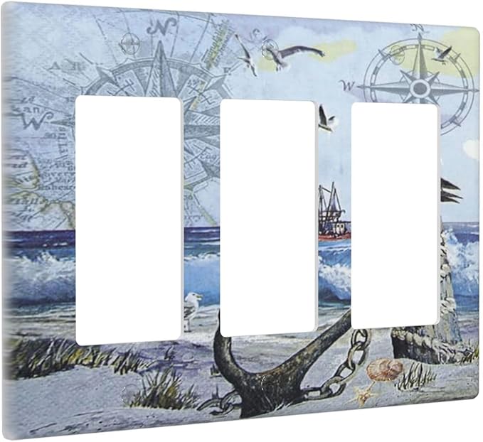 Light Switch Cover Sea Ocean Sand Coast Compass Ship Lighthouse Anchor 3 Gang Wall Plate Triple Light Switch Plate Rocker GFCI Outlet Covers Decorative Receptacle Cover for Bathroom Decor