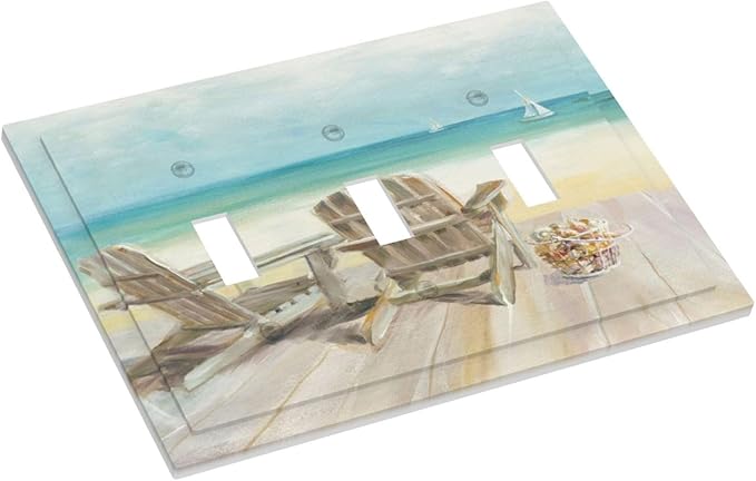 Light Switch Cove Beach Chair Seascape Blue Ocean 3 Gang Wall Plate Triple Light Switch Plate Modern Coastal Toggle Decorative Outlet Covers Electrical Switchplate for Bathroom Decor