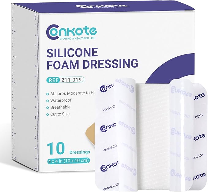 Conkote Silicone Foam Dressing Without Border 10 Pack, FSA or HSA 4"x4" Highly Absorbent Adhesive Wound Bandages for Post-Operative, Pressure Ulcers, Diabetic Foot Ulcers, Venous Leg Ulcers