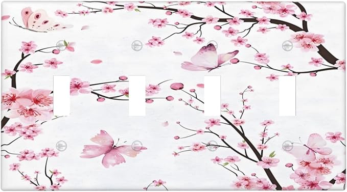 Cherry Floral Watercolor Pink Flowers Butterfly Light Switch Covers Quad Toggle Electrical Faceplate 4 Gang Wall Plate Decorative Switch Plates for Bed Room Living Room Decor