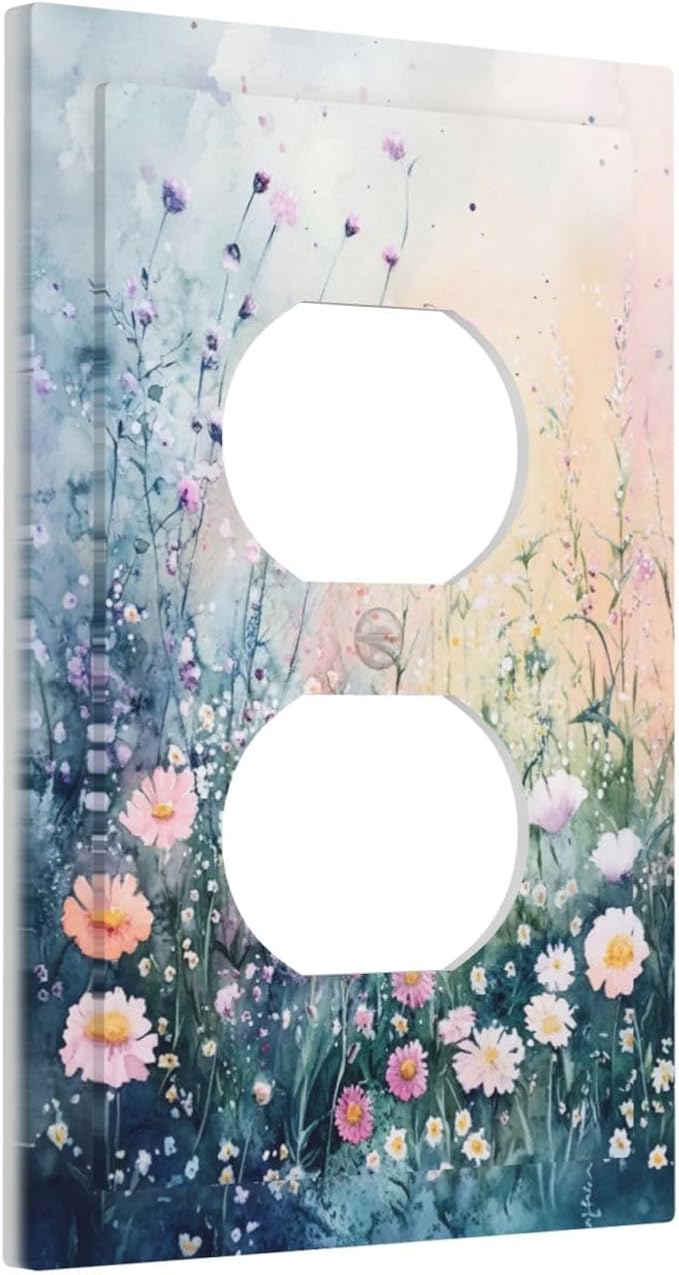 Outlet Covers Pink Floral Wildflower Green Plants Decorative 1 Gang Duplex Light Switch Cover Plate Receptacle Wall Plate Electrical Switch Plate Covers for Bathroom Decor