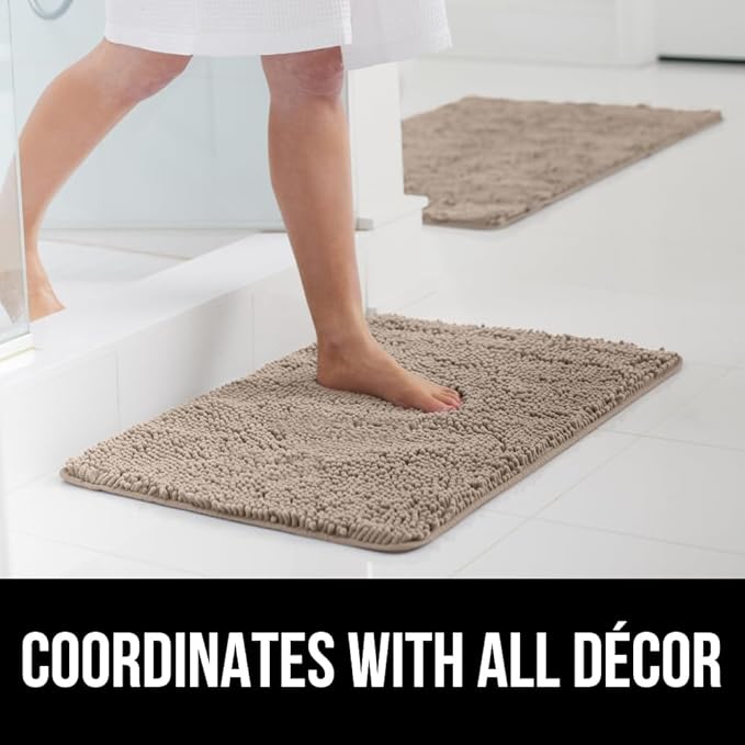 GORILLA GRIP Bathroom Rug Sets 3 Piece, Bath Mat Set and Oval Toilet Base with Rubber Backing, Plush Absorbent Shaggy Chenille Washable Mats, Includes 24x19.5, 24x17 and 36x24 Inch Rugs, Gray Beige