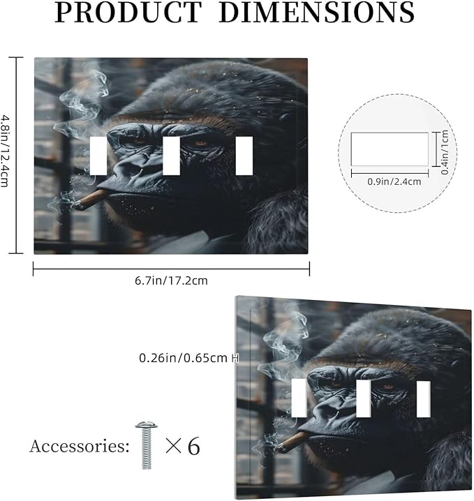 Funny Animal Smoking Black Orangutan Decorative Switch Plates 3 Gang Wall Plate Triple Toggle Light Switch Cover Faceplate Electrical Wall Panels for Farmhouse Home Office Decor