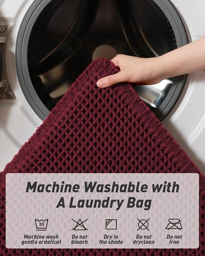 Upgraded Christmas Waffle Bath Mat, Super Absorbent Non Slip Bath Mats for Bathroom Floor, Machine Washable Bathroom Rugs with Tassels, Rubber Backed Bathroom Mats, Ultra Soft, 20" x 32", Burgundy