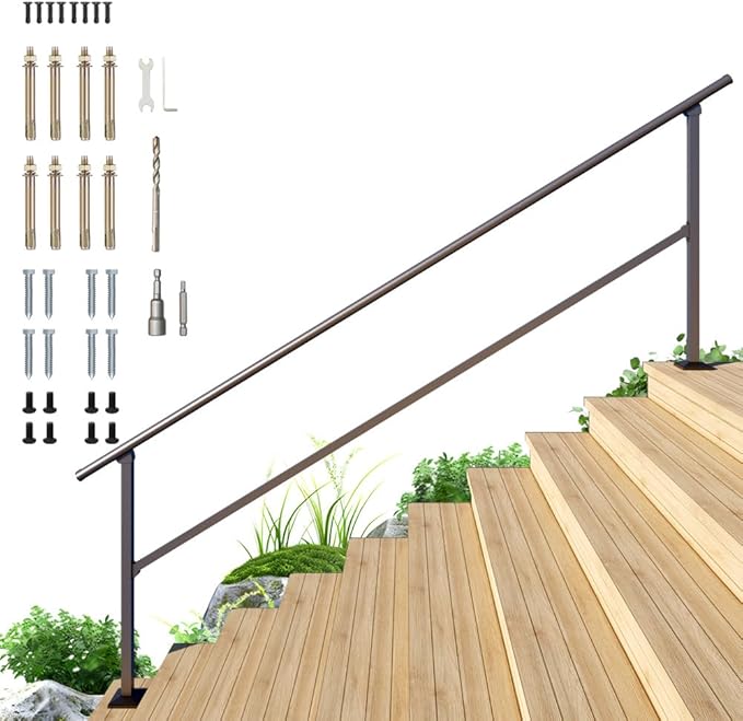 DIYHD 10 Step Handrail for Outdoor,Powder Coated Iron Stair Railing,Black Hand Rails for Indoor, Porch,Deck,1 Pack