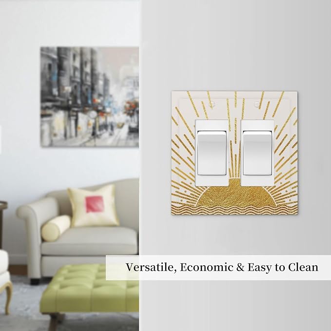 Mid Century Boho Golden Sun Sunrise Sunset Decorative Outlet Covers 2 Gang Double GFCI Rocker Electrical Wall Panels Light Switch Cover Plate for Bed Room Living Room Decor