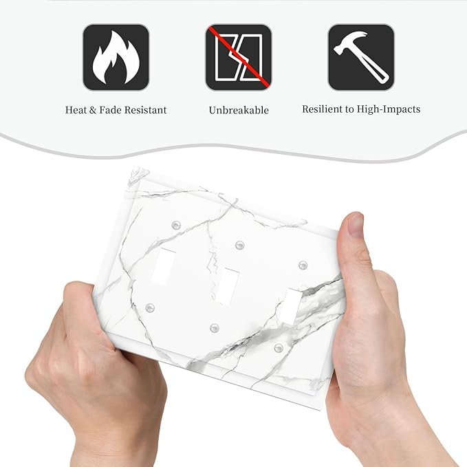 White Marble Abstract Luxurious Print Decorative Switch Plates 3 Gang Wall Plate Triple Toggle Light Switch Cover Faceplate Electrical Wall Panels for Bathroom Kitchen Home Decor