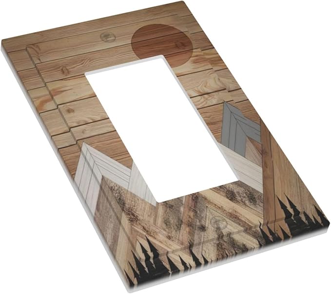 Wooden Planks Mosaic Snow Mountain Sun Decorative Outlet Covers 1 Gang Single Rocker Light Switch Cover Plate Wall Plates GFCI Faceplate for Farmhouse Home Decor