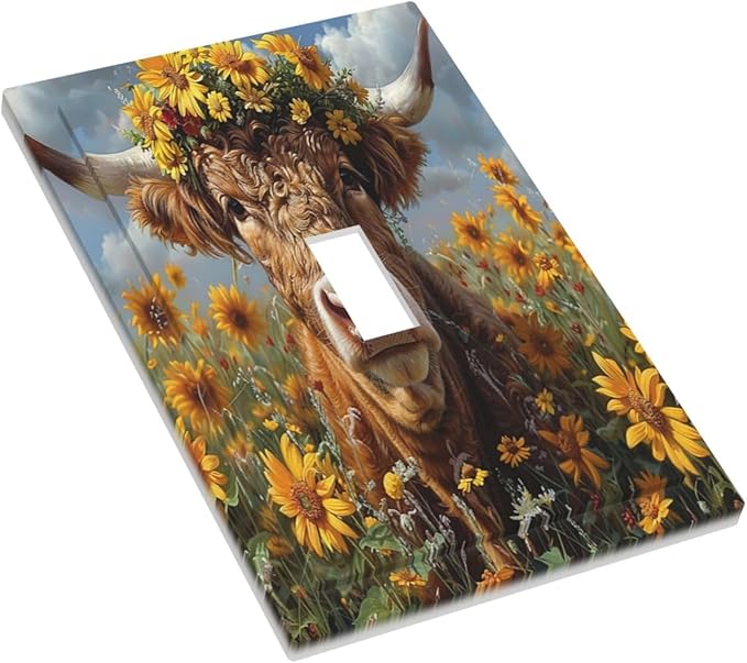 Decorative Light Switch Cover Vintage Sunflower Highland Cow Rustic Art 1 Gang Single Toggle Device Electrical Faceplate Switchplates Decorator Outlet Wall Plate for Bedroom Farmhouse Decor