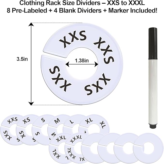 13 Pcs Clothing Rack Size Dividers Round White Plastic Size Markers for Clothing Rack Pre-Labeled (XXS-XXXL) & Blank Dividers & Erasable Pen for Closet, Retail Store, Wardrobe