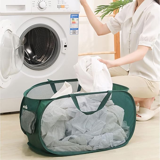 4 Piece Popup Mesh Laundry Basket Durable Handles Collapsible Laundry Baskets Folding Clothes Pastic Hamper for Laundry Room College Dorm (Navy Blue)