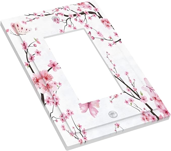 Cherry Floral Watercolor Pink Flowers Butterfly Decorative Outlet Covers 1 Gang Single Rocker Light Switch Cover Plate Wall Plates GFCI Faceplate for Bed Room Living Room Decor