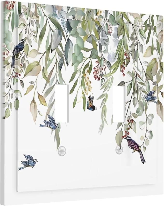 Green Leaf Eucalyptus Leaves Floral Bird Butterfly Decorative Switch Plates 2 Gang Double Toggle Outlet Light Switch Cover Wall Plate Electrical Faceplate for Bed Room Living Room Decor