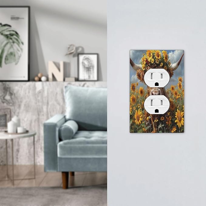 Outlet Covers Vintage Sunflower Highland Cow Rustic Art 1 Gang Duplex Wall Plate Decorative Switch Plates Electrical Receptacle Faceplate Light Switch Cover for Bedroom Farmhouse Decor