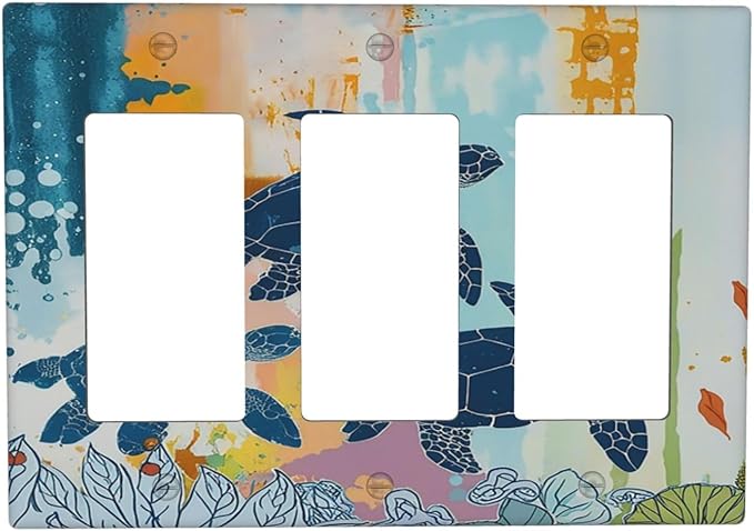 Light Switch Covers Colorful Ocean Sea Turtle Marine Life 3 Gang Rocker Electrical GFCI Decorative Triple Outlet Wall Plate Cover Switchplate for Kids room Bedroom Decor