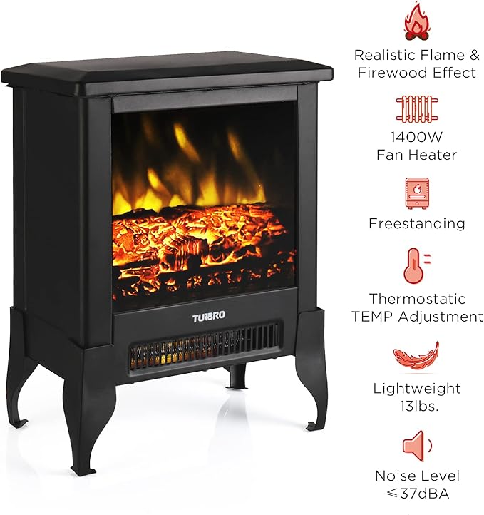 TURBRO Suburbs TS17 Compact Electric Fireplace Stove, 18” Freestanding Stove Heater with Realistic Flame - CSA Certified - Overheating Safety Protection - for Small Spaces - 1400W