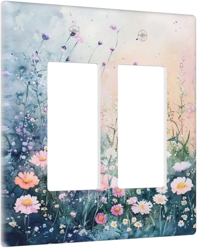 Decorative Outlet Covers Pink Floral Wildflower Green Plants 2 Gang Light Switch Cover Plate Double Rocker Wall Plate Gfci Switch Plate Covers for Bathroom Decor