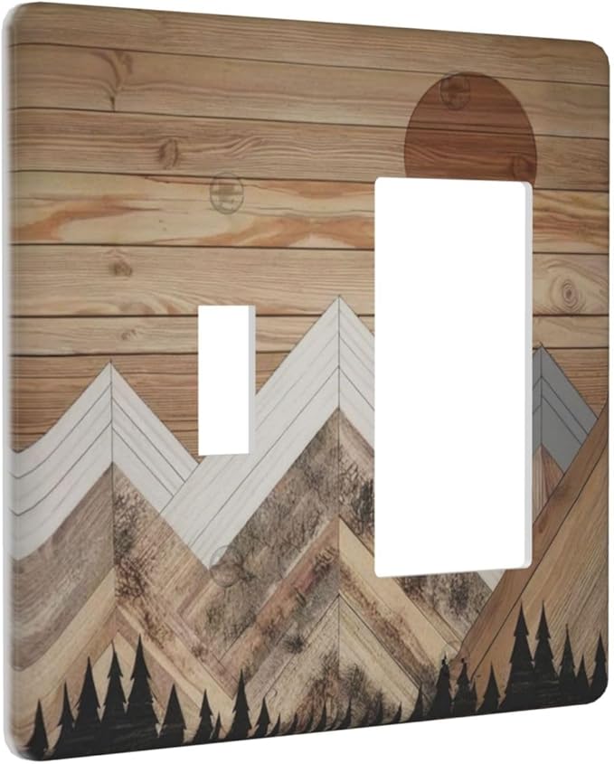 Wooden Planks Mosaic Snow Mountain Sun Outlet Covers 1 Toggle 1 Rocker Combination Decorative Wall Plate Electrical Switch Plates Light Switch Cover Plate for Farmhouse Home Decor