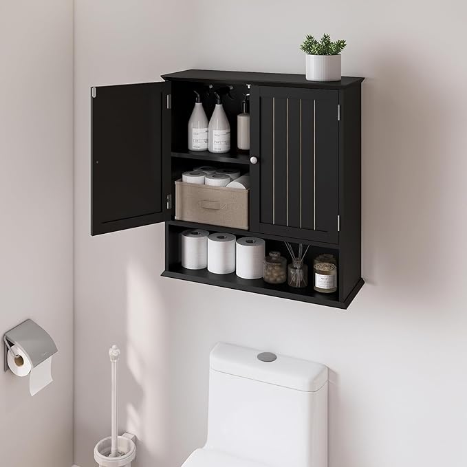 Over The Toilet Bathroom Wall Cabinet with 2 Doors & Open Shelf – Space Saving Medicine Cabinet, Wooden Wall Mounted Storage Cupboard for Bathroom Organization Black