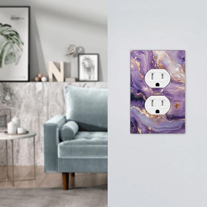 Luxury Marble Texture Purple And Gold Abstract Print Outlet Covers 1 Gang Duplex Light Switch Cover Decorative Switch Plates Electrical Receptacle Faceplate Wall Plate for Bathroom Home Decor