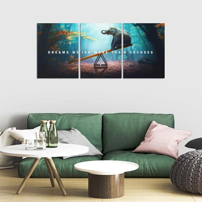 Unbruvo Elephant Wall Art for Office, Motivational Inspirational Canvas Wall Art, 3 Pieces Elephant Painting Prints Wall Decor for Living Room Bedroom Classroom Dorm(72”Wx36”H)