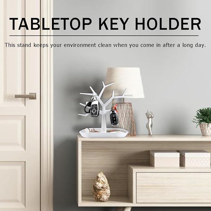 Tabletop Key Holder Stand Tree Key Rack,Stand Jewelry Display Necklace Ring Earring Holder Rack,Jewelry Organizer Tray Home Decor for Home Entryway (White)