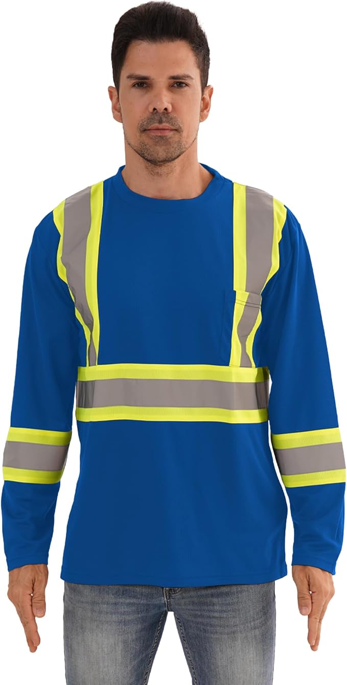 Hi Vis Safety Long Sleeve Shirts，High Visibility Class 3 T Shirts with Reflective Strips and Pocket, Quick Dry Mesh Construction Work Shirt for Men/Women (Blue,M)