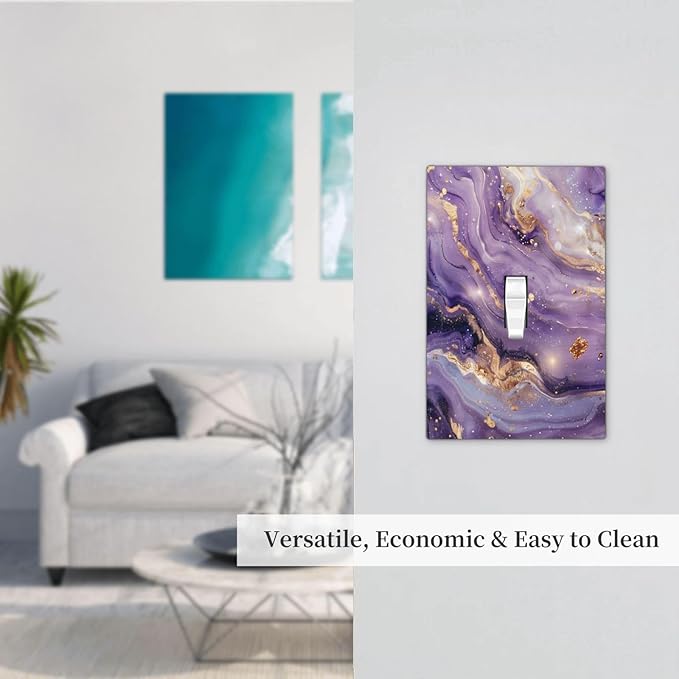 Luxury Marble Texture Purple And Gold Abstract Print Decorative Light Switch Cover 1 Gang Single Toggle Device Electrical Faceplate Switchplates Decorator Outlet Wall Plate for Bathroom Home Decor