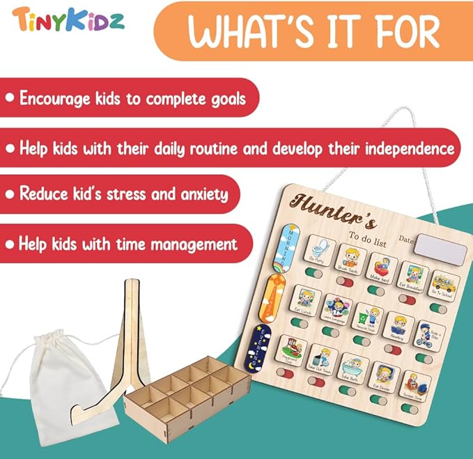 Personalized Wooden Daily Routine Chart 11.8x11.8", Visual Schedule, Chore Chart for Kids, Morning Bedtime Routine Chart for Toddlers (09)
