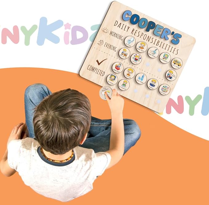 Personalized Wooden Daily Routine Chart 13.5x15", Visual Schedule, Daily Responsibilities for Kids, Morning Bedtime Routine Chart for Toddlers (13)