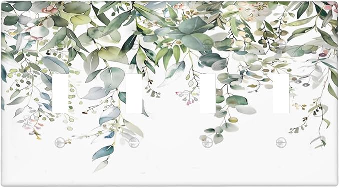 Sage Green Watercolor Eucalyptus Leaves Floral Flowers Light Switch Covers Quad Toggle Electrical Faceplate 4 Gang Wall Plate Decorative Switch Plates for Farmhouse Bed Room Decor