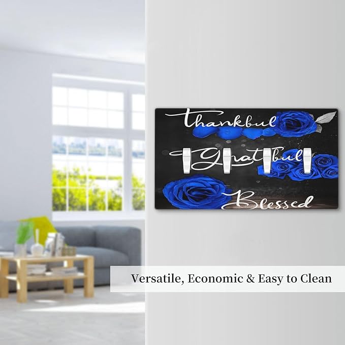 Light Switch Cover Blue Rose Thankful Grateful Blessed 4 Gang Switch Plate Quad Toggle Wall Plates Romantic Blue Floral Decorative Switchplate Electrical Outlet Cover Plates for Home Decor