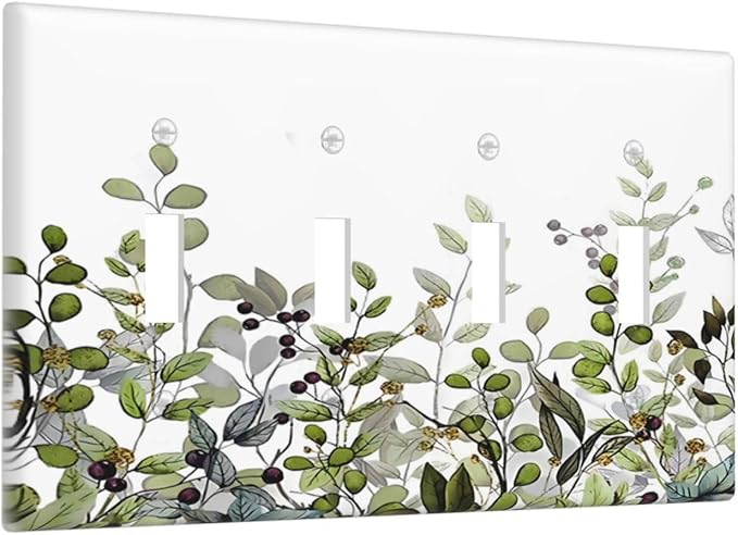 Watercolor Green Eucalyptus Leaves Plants Fruit Light Switch Covers Quad Toggle Electrical Faceplate 4 Gang Wall Plate Decorative Switch Plates for Bed Room Living Room Decor