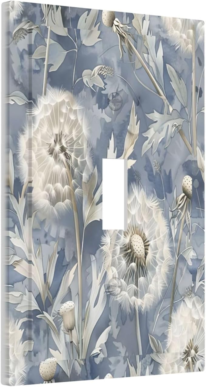 Blue Dandelion Vintage Floral Boho Flower Decorative Light Switch Cover 1 Gang Single Toggle Device Electrical Faceplate Switchplates Decorator Outlet Wall Plate for Bedroom Living Room Home Decor