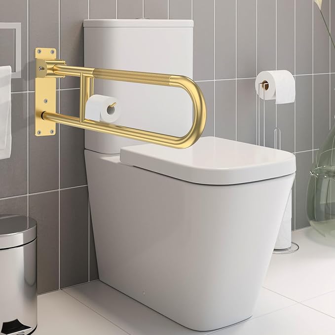 Toilet Grab Bar 30.3 Inch, YuanDe Flip Up Grab Bar with Paper Holder, Brushed Gold Anti-Slip Safety Bars for Toilet, Stainless Steel Knurled Toilet Handles for Seniors Disabled Elderly Pregnant