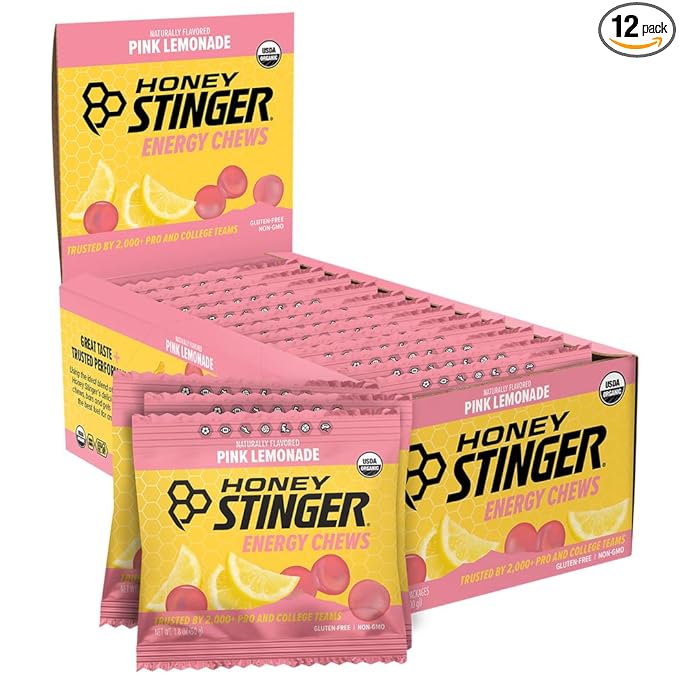 Honey Stinger Organic Pink Lemonade Energy Chew, Gluten Free & Caffeine Free, for Exercise, Running and Performance, Sports Nutrition for Home & Gym, Pre and Mid Workout, 12 Pack, 21.6 Ounce