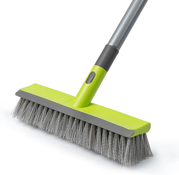 Floor Scrub Brush 2 in 1 Scrape and Stiff Bristle Deck Brush for Cleaning Concrete, Patio, Garage, Kitchen, Carpet and Bathroom 57" Long Handle