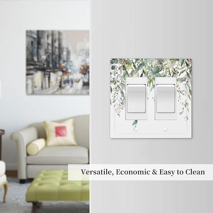 Sage Green Watercolor Eucalyptus Leaves Floral Flowers Decorative Outlet Covers 2 Gang Double GFCI Rocker Electrical Wall Panels Light Switch Cover Plate for Farmhouse Bed Room Decor