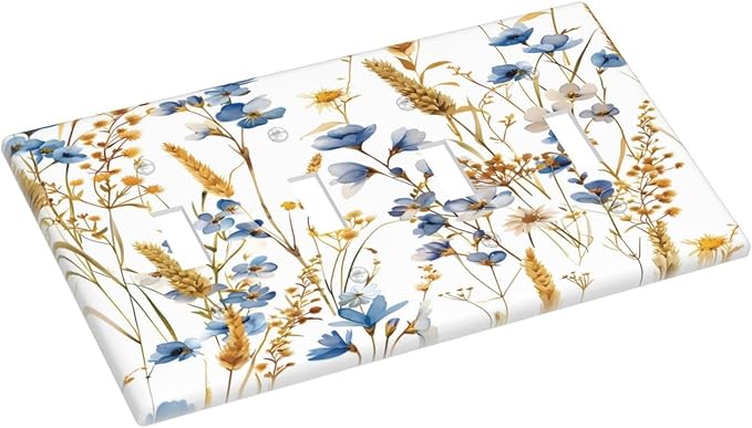 Vintage Wildflower Blue Gold Country Fall Wheat Floral Light Switch Covers Quad Toggle Electrical Faceplate 4 Gang Wall Plate Decorative Switch Plates Cover for Bedroom Living Room Decor