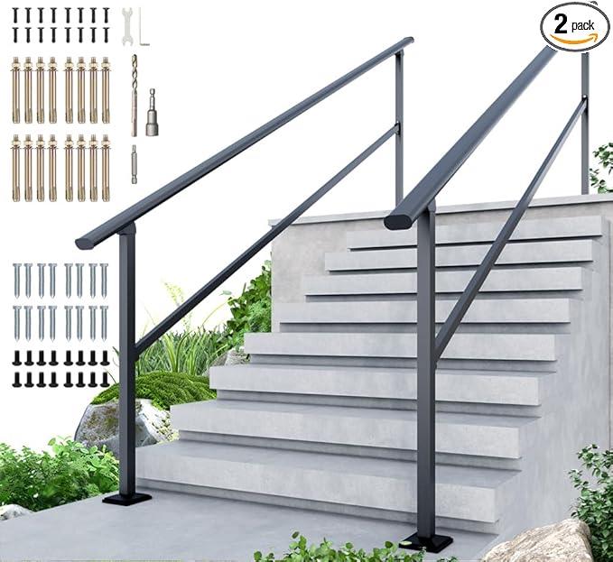 DIYHD 9 Step Handrail for Outdoor,Powder Coated Iron Stair Railing,Black Hand Rails for Indoor, Porch,Deck,2 Pack