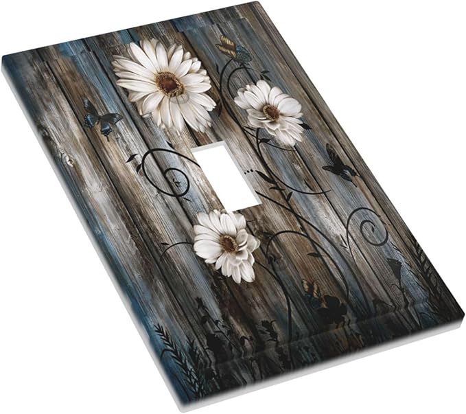 Rustic Wood Background Floral Butterfly Daisy Decorative Light Switch Cover 1 Gang Single Toggle Device Electrical Faceplate Switchplates Decorator Outlet Wall Plate for Farmhouse Bedroom Decor