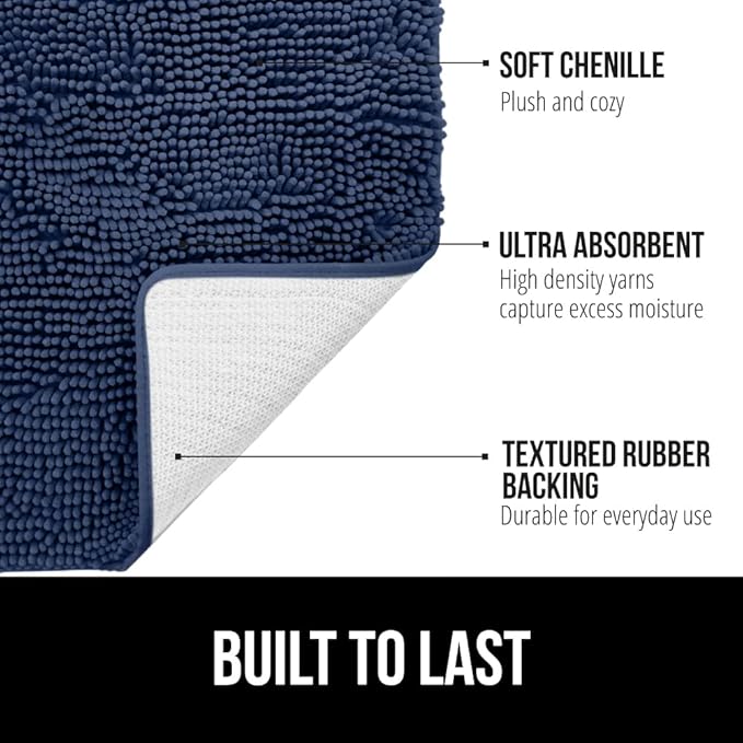 GORILLA GRIP Bathroom Rug Sets 3 Piece, Bath Mat Set and Oval Toilet Base with Rubber Backing, Plush Absorbent Shaggy Chenille Washable Mats, Includes 24x19.5, 24x17 and 30x20 Inch Rugs, Navy