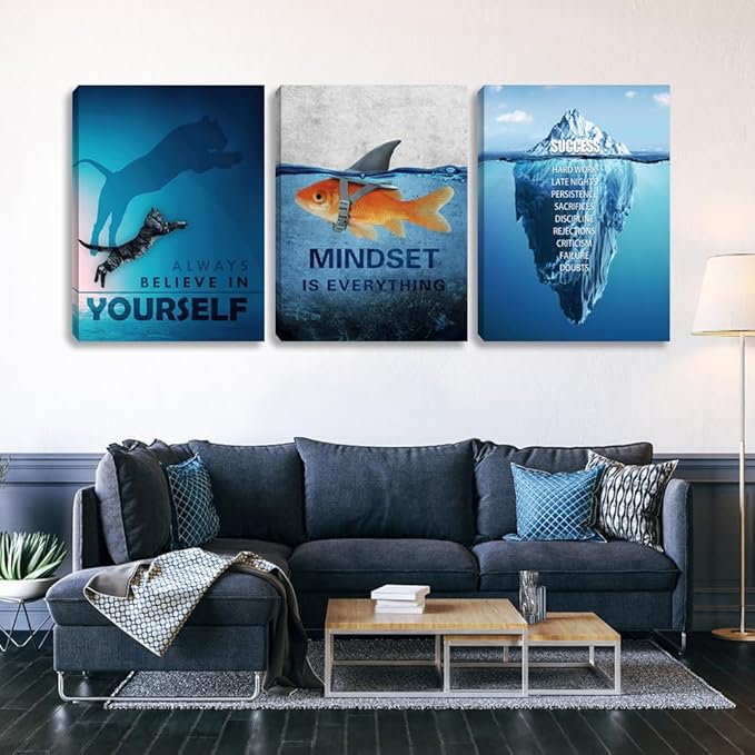 Unbruvo Motivational Wall Art for Office, 3 Pieces Cat Glacier Fish Canvas Print, Inspirational Quotes Wall Decor for Living Room, Bedroom, Dorm-(72''Wx 36''H)