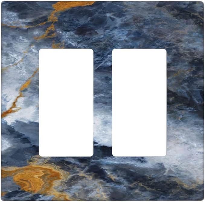Decorative Outlet Covers Gold Dark Blue Gilt Haze Marble 2 Gang Light Switch Cover Plate Double Rocker Wall Plate Gfci Switch Plate Covers for Bathroom Decor