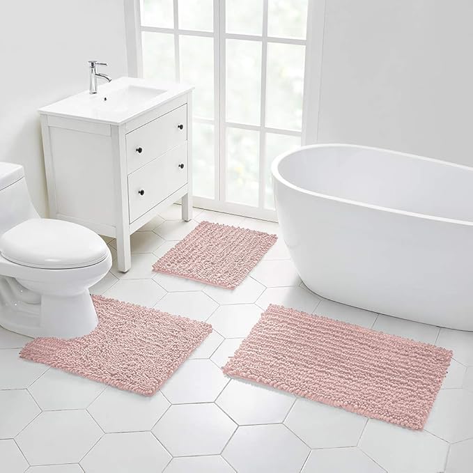 Walensee Bathroom Rug Non Slip Bath Mat (36x24 Inch Dusty Pink) Water Absorbent Super Soft Shaggy Chenille Machine Washable Dry Extra Thick Perfect Absorbant Best Large Plush Carpet for Shower Floor